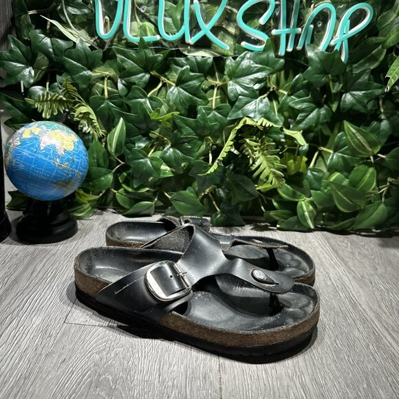 Women’s Birkenstock Gizeh Big Buckle Black Leather Thong Sandal Size 8 EU 39 - Picture 1 of 10